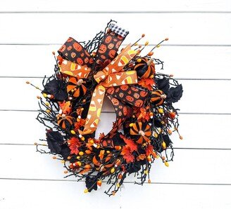 Candy Corn Wreath, Halloween Wreath For Front Door, Black & Orange Pumpkin Twig Classic