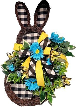 Buffalo Check Easter Bunny Door Hanger, Floral Wreath For Front With Blue Flower, Cemetery Easter, Spring