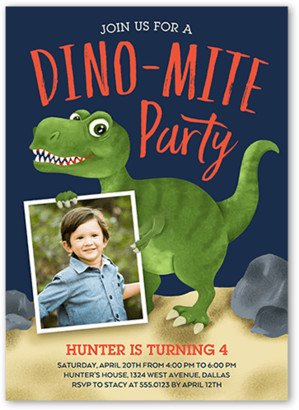 Boy Birthday Invitations: Dino Mite Birthday Invitation, Blue, 5X7, Standard Smooth Cardstock, Square