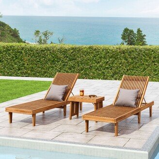 Nadine Outdoor Acacia Wood 3 Piece Chaise Lounge Set