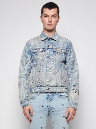 Flocked Paisley Trucker Denim Jacket Blue