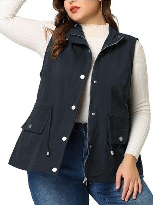 Agnes Orinda Women's Plus Size Utility Vest Cargo Pocket Drawstring Waist Sleeveless Jacket Navy Blue 2X