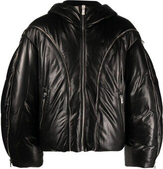 Zip-Detail Leather Puffer Jacket