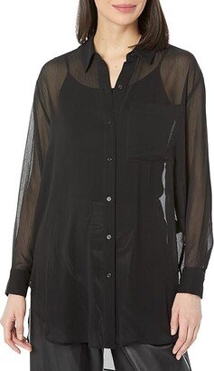 Long Sleeve Chiffon Button Front Blouse (Black) Women's Clothing