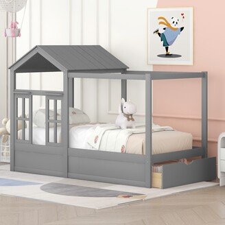 EDWINRAY Twin House Bed for Kids Girls Boys, Solid Wood Platform Bed Frame with Storage Drawers, Roof and Window, No Box Spring Needed