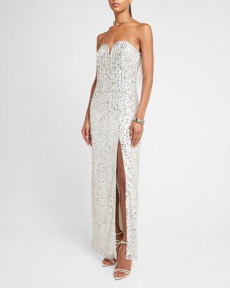 Liv Foster Strapless Bead-Fringe Sequin Column Gown