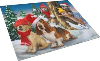 Basset Golden & Cats Snowball Fight Glass Cutting Board