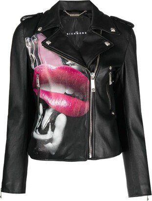 100% Leather Jacket With Heat Pressed Print. Decentralised Fastener By Contrasting Zip.