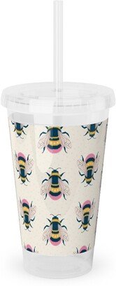 Travel Mugs: Bumblebee - Pink On Cream Acrylic Tumbler With Straw, 16Oz, Beige