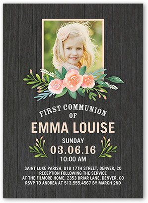 First Communion Invitations: Blissful Bouquet Communion Invitation, Grey, Standard Smooth Cardstock, Square