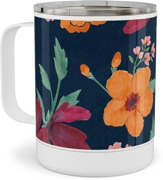 Travel Mugs: Watercolor Autumn Florals - Navy Stainless Steel Mug, 10Oz, Multicolor