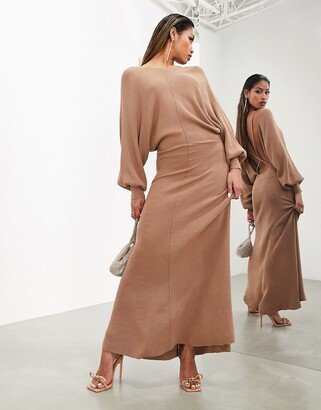 backless long sleeve knitted midi dress in mocha