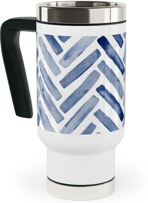 Travel Mugs: Painted Chevron Herringbone Travel Mug With Handle, 17Oz, Blue