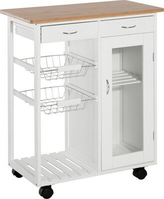 HOMCOM 28 Rolling Kitchen Trolley Serving Cart Storage Cabinet Bamboo Top with Wire Basket & Door Cabinet & Drawers, White