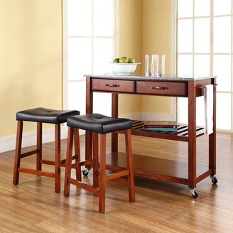 Crosley Furniture Cherry Wood/Granite Kitchen Cart/Island with Cherry Upholstered Saddle Stools