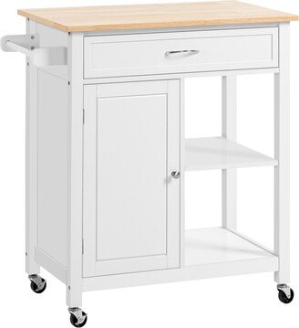 Homcom Kitchen Island Cart, Rolling Kitchen Island with Storage, Solid Wood Top, Drawer, for Dining Room, White