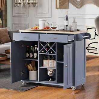 EDWINRAY Dining Kitchen Island with Storage Cabinets and Wine Rack Kitchen Cart with Four Locking Wheels & Drawers, Towel Rack