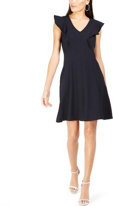 Petites Womens Ruffled Knee-Length Shift Dress