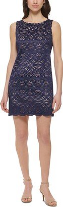 Petites Womens Laser Cut Scallopd Shift Dress