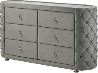 Jill 63 Inch Upholstered Dresser, Tufted Velvet, 2 Drawers, Grey