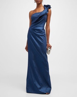 One-Shoulder Ruffle Metallic Jacquard Gown