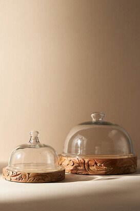 Carved Wooden Cake Stand with Glass Dome