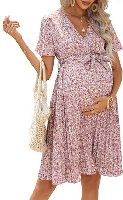 FUNJULY Women's Maternity Pleated Short Sleeve Wrap V Neck Summer Midi Dress Casual Nursing Dress Baby Shower Photoshoot Belt Pink Floral-v M