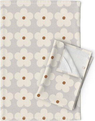 Retro Daisy Tea Towels | Set Of 2 - Daisies Dove Grey By Onesweetorange Neutral Floral Linen Cotton Spoonflower