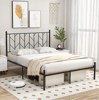 Queen Size Metal Platform Bed Frame Vintage Headboard Mattress Foundation Black