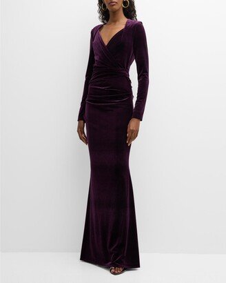 Draped Stretch Velvet Long-Sleeve Gown