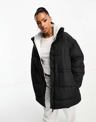 padded coat with drawstring waist in black