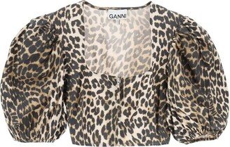 Leopard Printed Puff-Sleeved Cropped Top