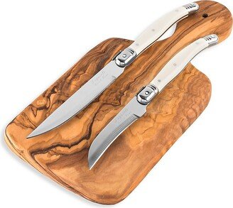 French Home Laguiole 3-Piece Olivewood Cutting Board & Laguiole Citrus Knives Set