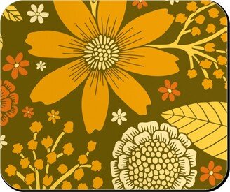 Mouse Pads: 1970S Retro Flowers - Yellow, Orange & Olive Green Mouse Pad, Rectangle Ornament, Orange