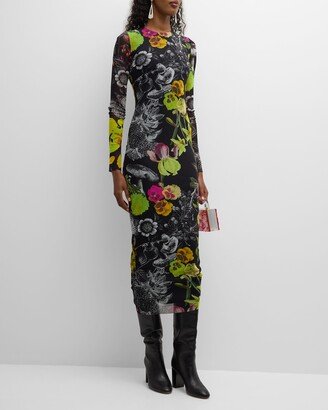 Long-Sleeve Floral-Print Tulle Midi Dress