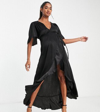 Flounce London Maternity wrap front midi dress with flutter sleeves in black satin