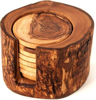 BeldiNest Olive Wood Rustic Coaster Set of 8 with Holder