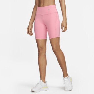 Women's Tight Mid-Rise Ribbed-Panel Running Shorts with Pockets in Pink