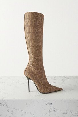 Leather-trimmed Canvas-jacquard Knee Boots - Neutrals