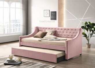 IGEMAN Lianna Upholstered Twin Daybed with Twin Trundle, Button-tufted and Sloped Armrest, Pink Velvet