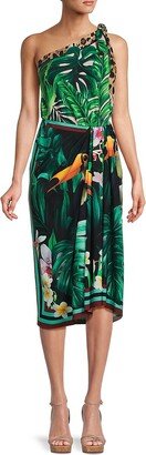 Tropical Silk Blend Midi Wrap Dress