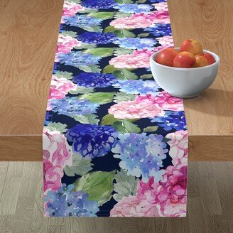 Table Runners: Spring Hydrangea Watercolor - Navy Table Runner, 108X16, Multicolor