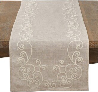 Saro Lifestyle Embroidered Swirl Design Natural Linen Blend Table Runner