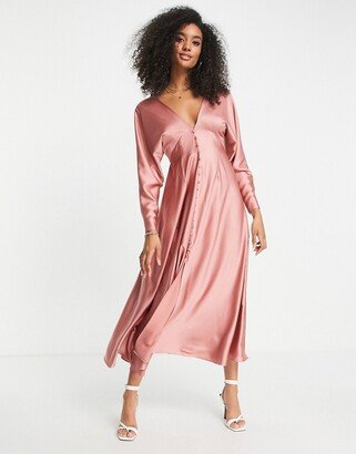 Bridesmaid satin lattice back midi dress in dusky rose