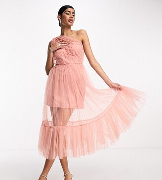 Bridesmaid sheer one shoulder tulle midi dress in blush