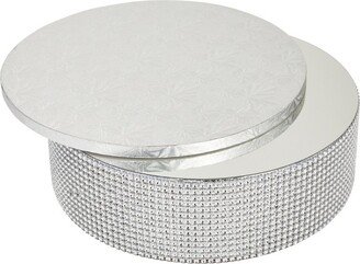 Sparkle and Bash 2 Piece Silver Foil Rhinestone Cake Stand with 12 Inch Cake Drum Set for Wedding Supplies, Anniversary & Bridal Shower