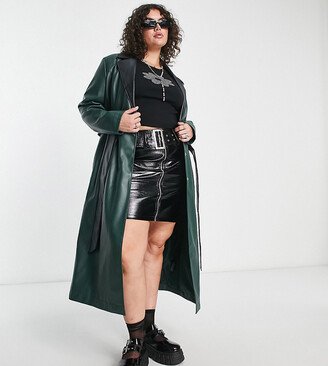 Plus faux leather trench coat in dark green with black details