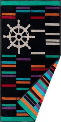 Nautical Wheel Oversized 35 x 67 Cotton Beach Towel, Midnight Blue - Blue Nile Mills