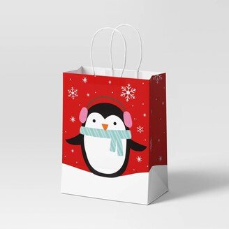 Cub Penguin with Earmuffs and Scarf Paper Handle Christmas Gift Bag Red/Black/White - Wondershop™