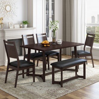 EDWINRAYLLC Rustic Dining Set 6-Piece with Rectangular Texture Dining Table, 4 Leather Cushion Chairs and Bench for Kitchen
